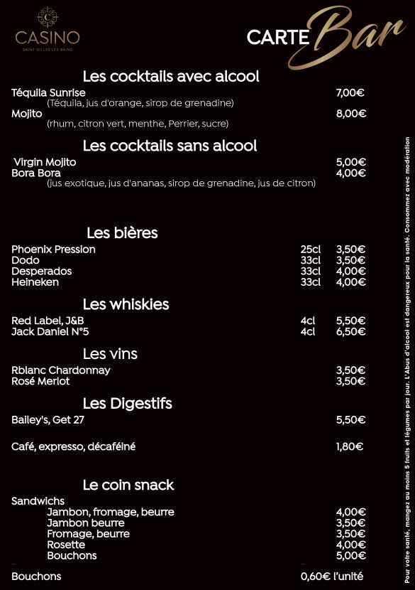 Carte du Bar du Casino de Saint Gilles restriction COVID
